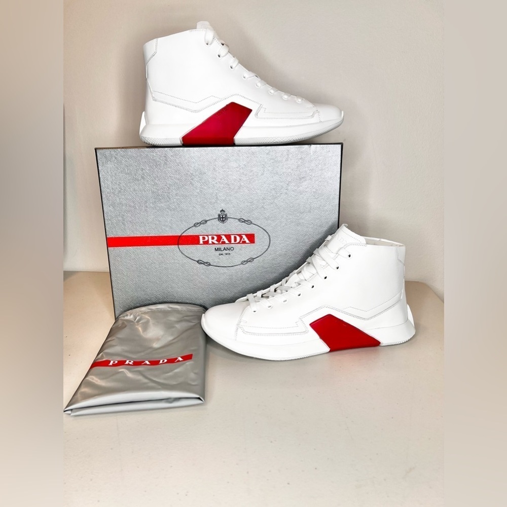 RARE NWT Prada Linea Rossa High Top Sneakers Men’s Tennis Shoes Sz 10 4T288210 - Picture 3 of 10